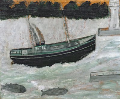 Lighthouse with Trawler and Fish by Alfred Wallis